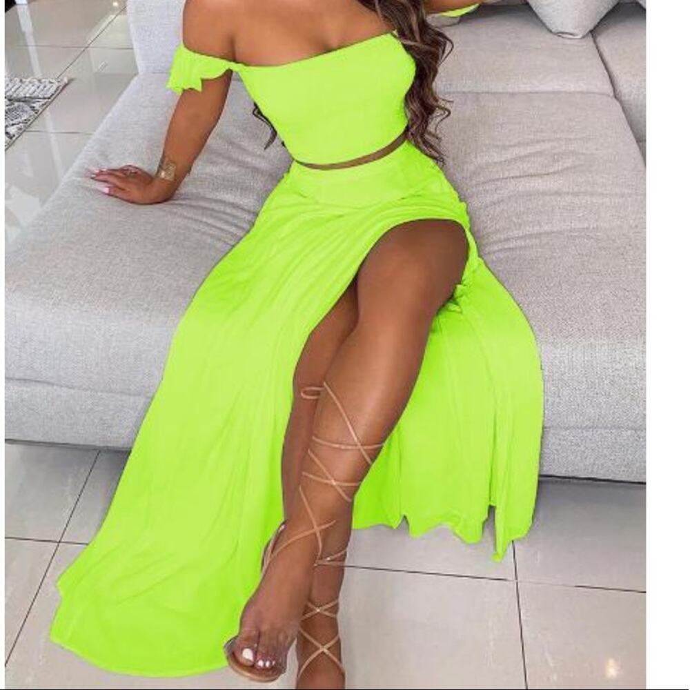 CBR Off the Shoulder Ruffle Top & Thigh Slit Skirt Set size Large NWT